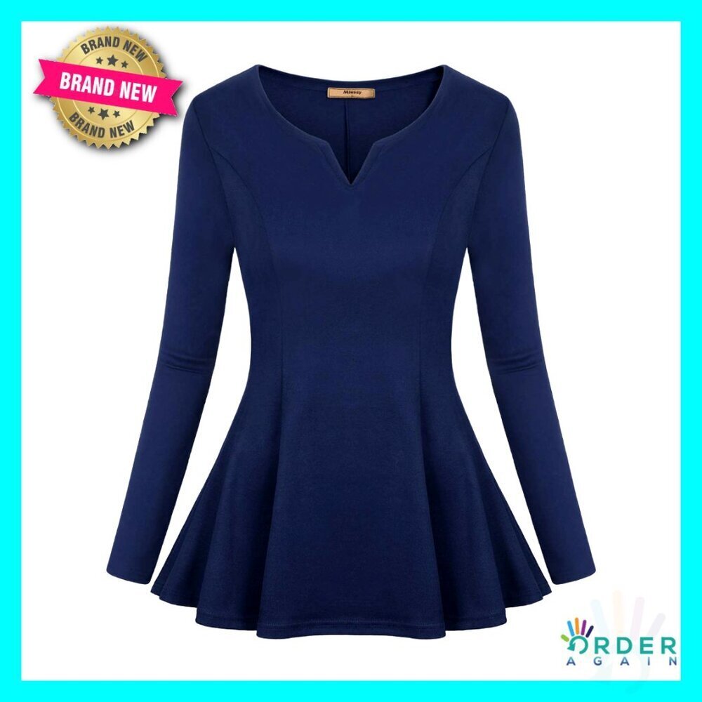 Long Sleeve Peplum Tunic V Neck Fitted Ruffle Blouse Elegant Chic Workwear